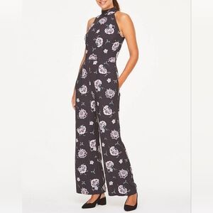 LOFT Jumpsuit Wide Leg Long Pants Halter Top Sleeveless Grey Purple Floral Sz 6